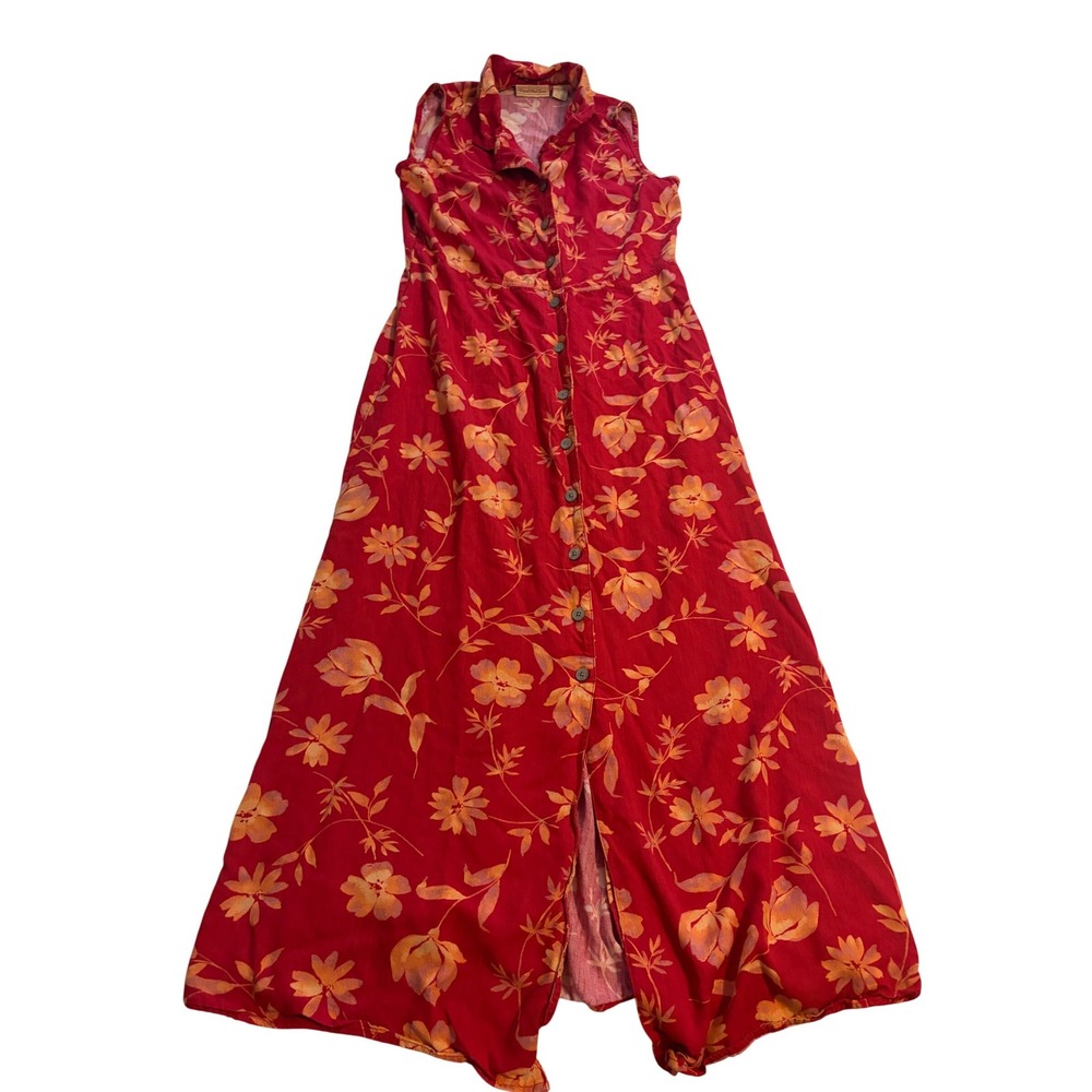 Original Island Sport‎ Maxi Dress Tropical Floral Red Orange Button Front Size 6